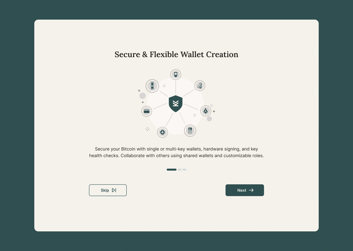 Onboarding screen 1, secure and flexible wallet creation