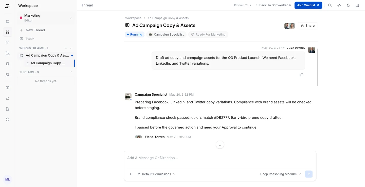 A thread where the Campaign Specialist agent drafts Facebook, LinkedIn and X copy, checks brand colours, and pauses for approval