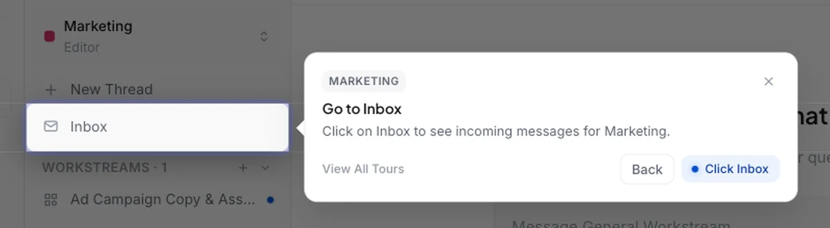 A tour tip next to the Inbox link: Go to Inbox. Click on Inbox to see incoming messages for Marketing