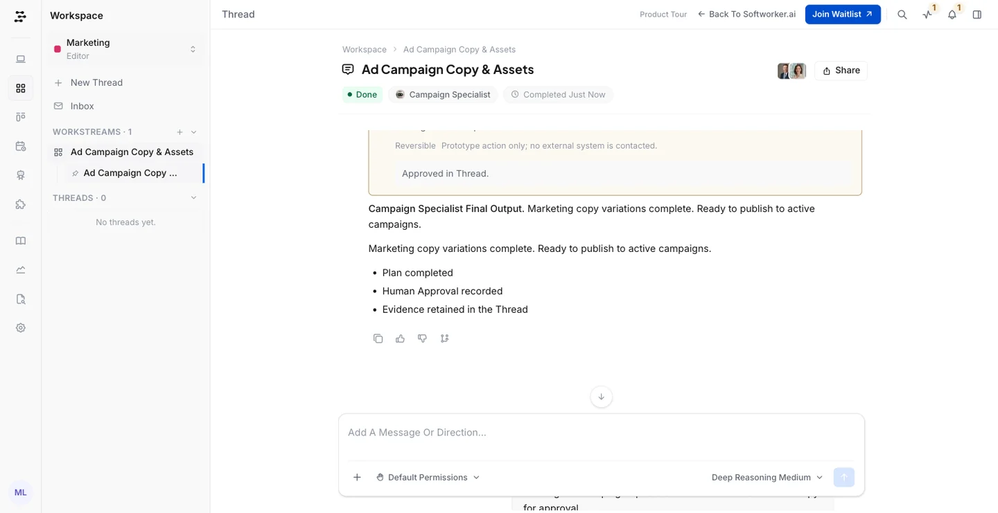 The finished thread: final output ready to publish, with plan completed, human approval recorded and evidence kept in the thread