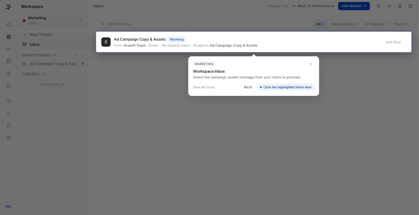 Softworker inbox with one request, Ad Campaign Copy and Assets, from the growth team, and a tip saying select it to continue