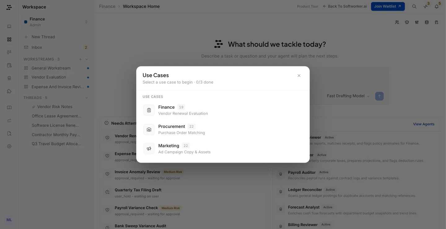 The Finance workspace home behind the Use Cases picker, full of tasks needing attention, agents and knowledge