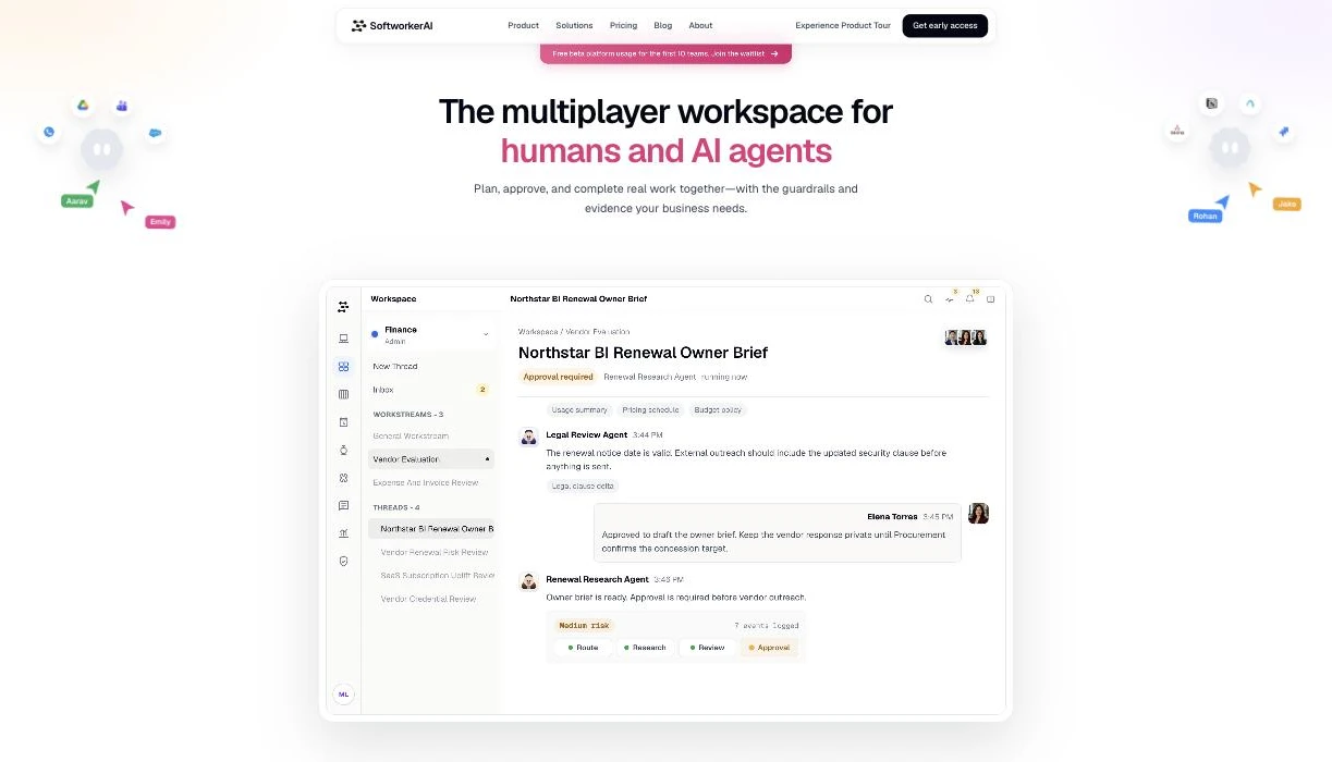 Softworker website version 3 hero: The multiplayer workspace for humans and AI agents