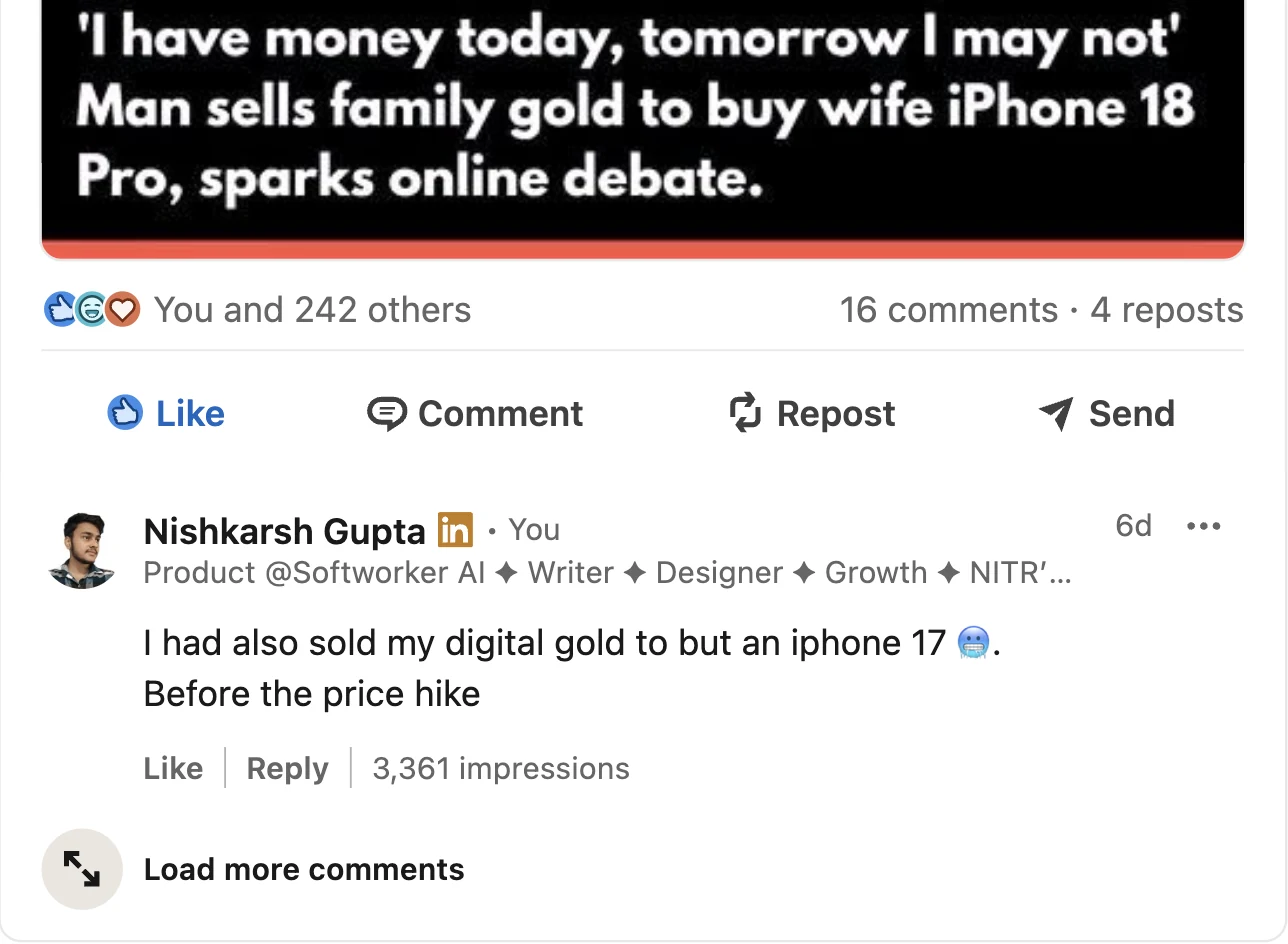 My one line comment on a viral post, showing 3,361 impressions