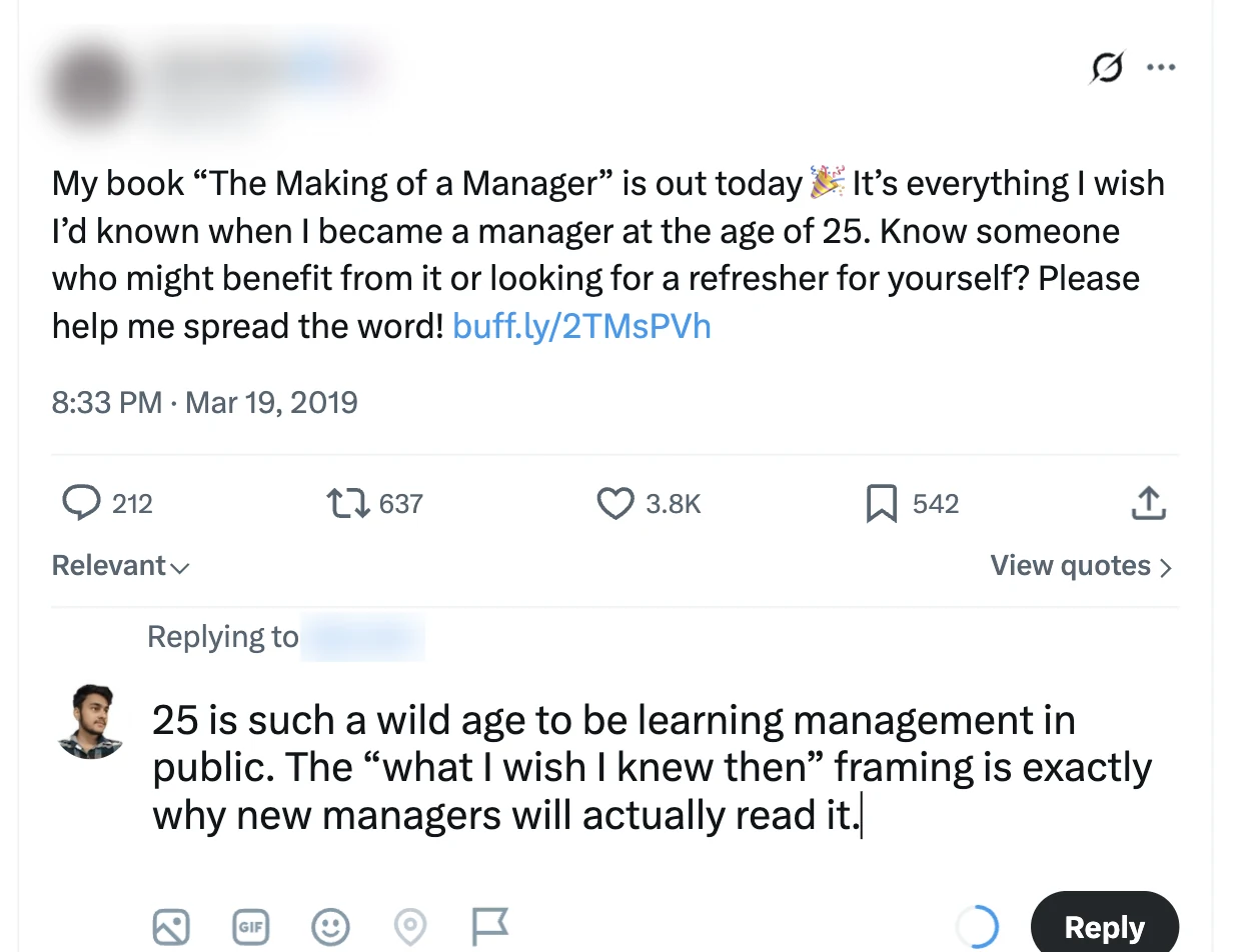 A 2019 book launch post on X with a reply written by InlineAI