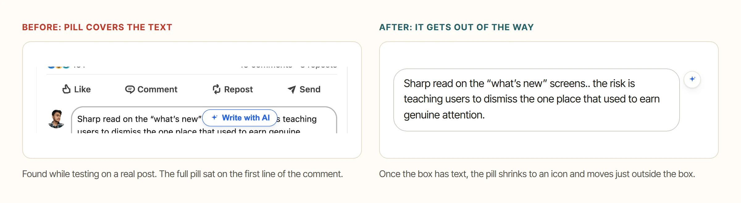 Before: the pill covers the comment text. After: a small icon sits outside the box