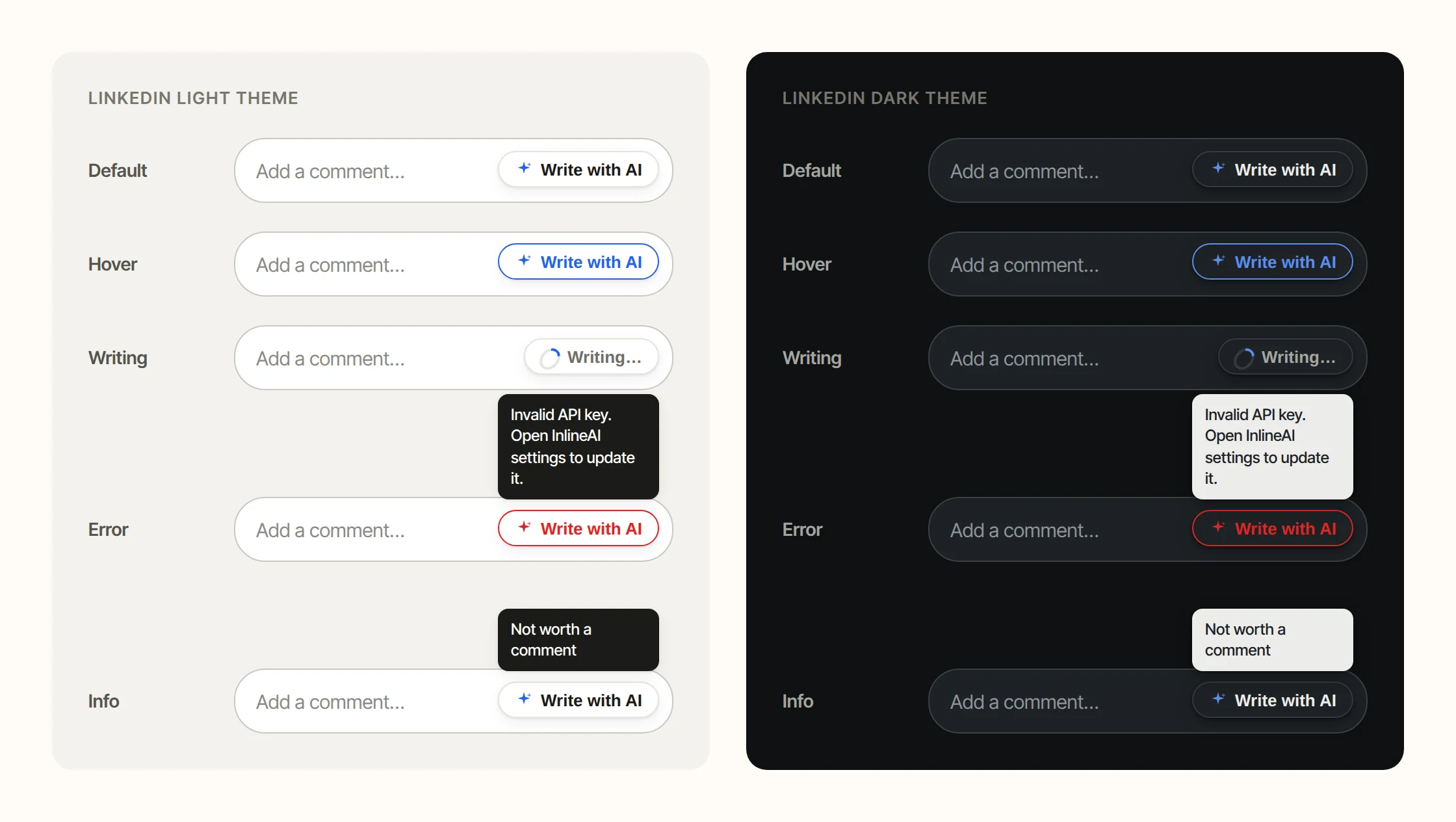 The Write with AI pill in default, hover, writing, error and info states, in light and dark themes