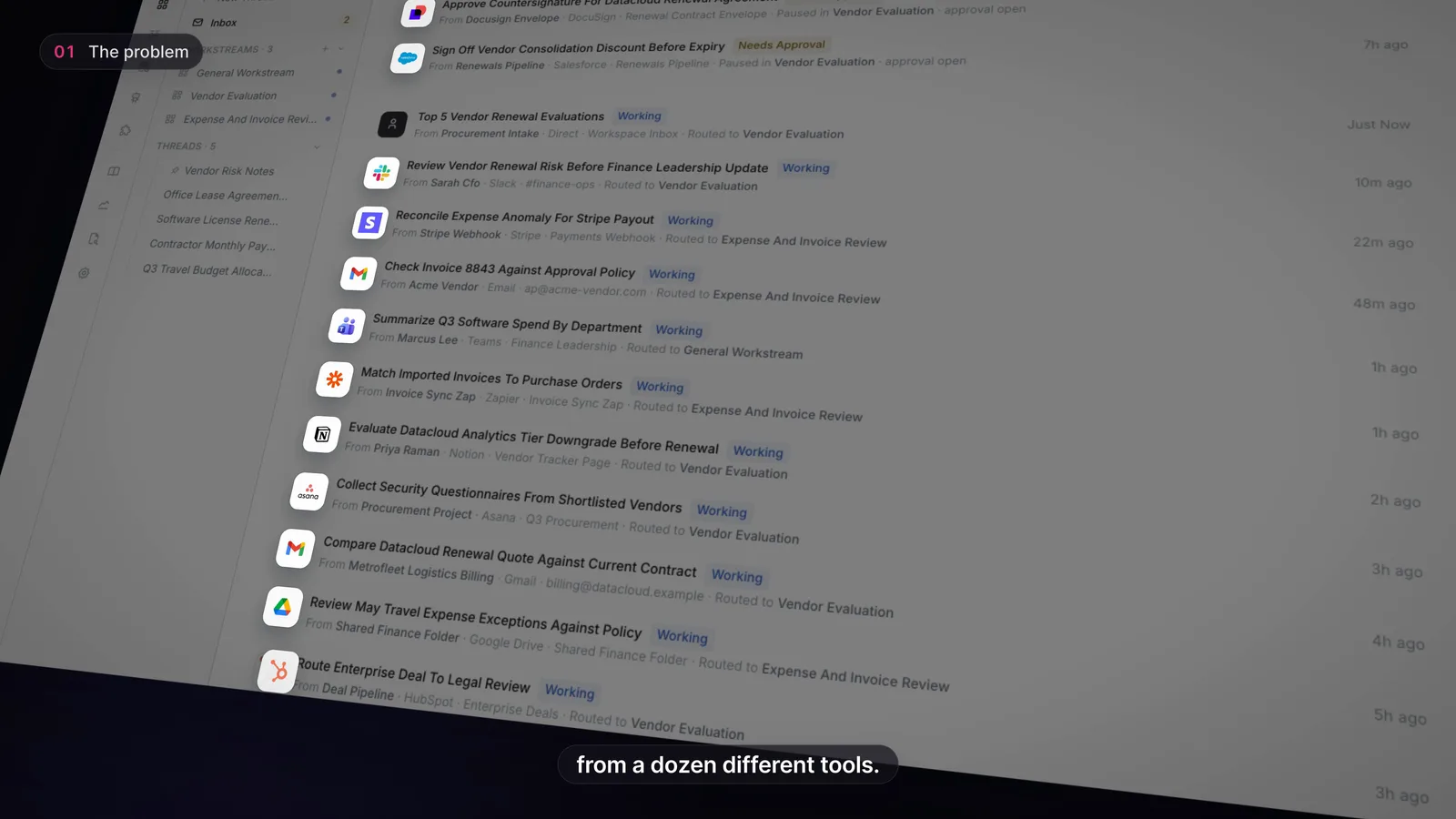 Final: a clean tilted inbox, each tool landing on its own row icon