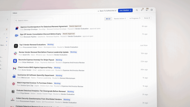 The SoftworkerAI product demo: the camera pushes into the inbox row and through to the request in the thread