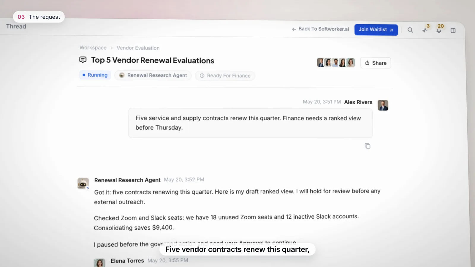 The camera dives from the inbox into the thread, with the request highlighted
